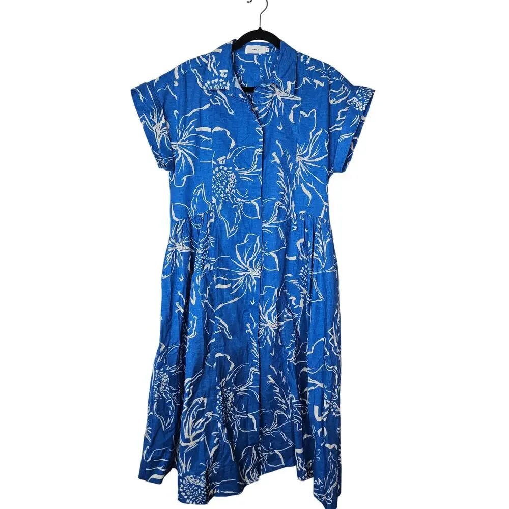 Maye M Margot Shirt Dress Arcadia Print Blue Floral Linen Cotton Coastal Casual